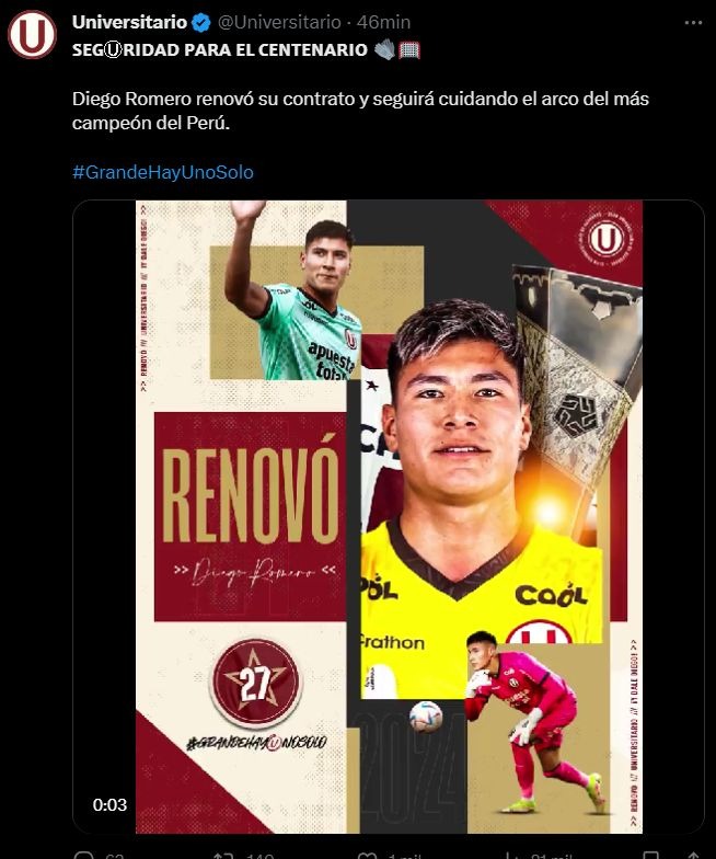Diego Romero seguirá en el club crema por todo el 2024. | Foto: Universitario