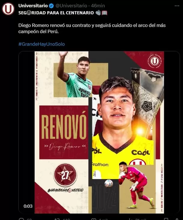 Diego Romero seguirá en el club crema por todo el 2024. | Foto: Universitario