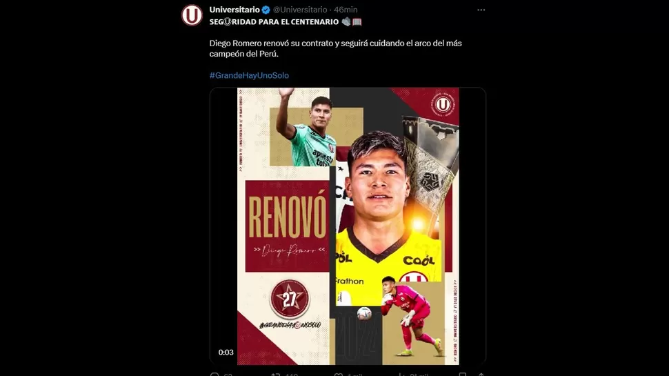 Diego Romero seguirá en el club crema por todo el 2024. | Foto: Universitario
