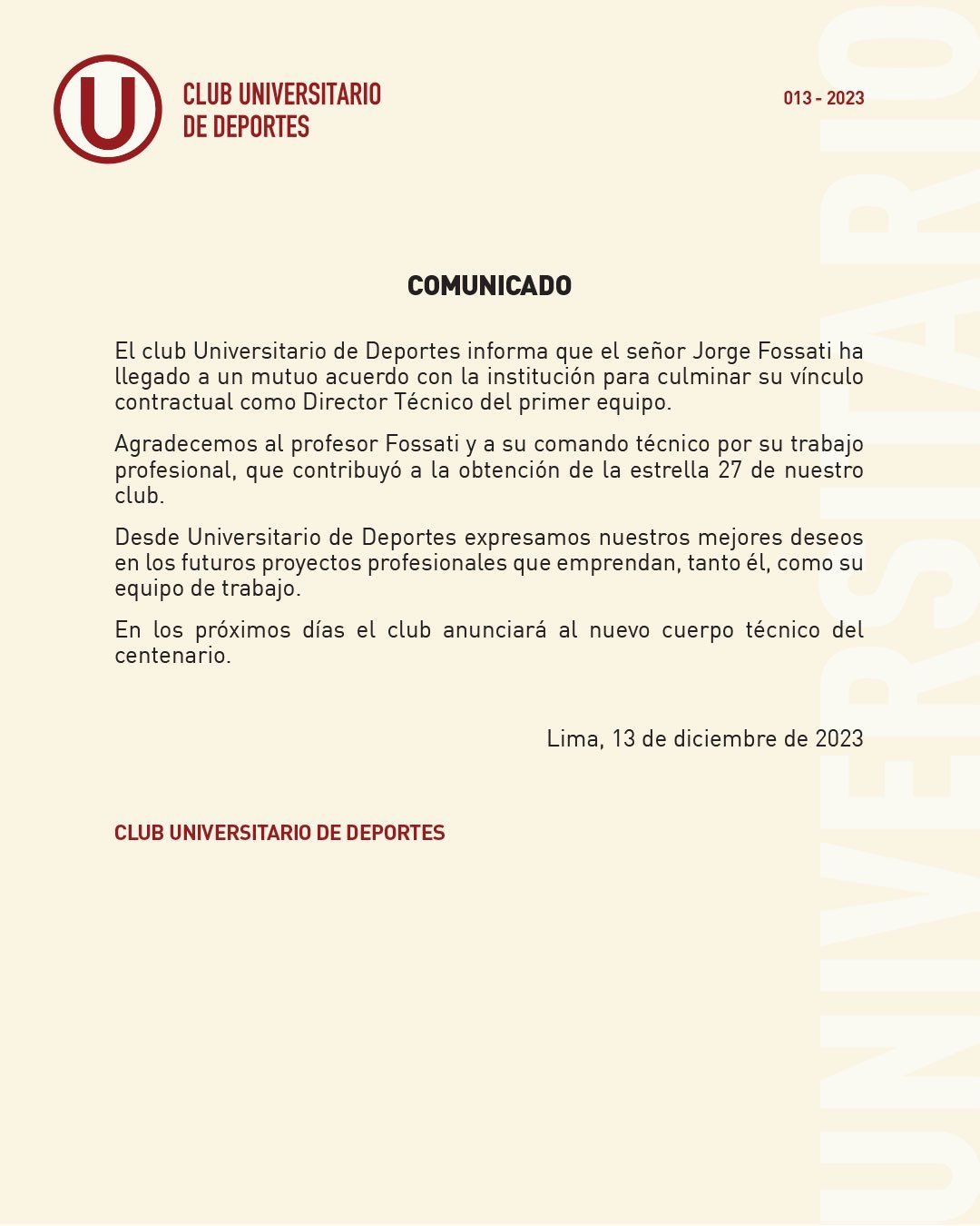 Comunicado de Universitario sobre Jorge Fossati. | Foto: Universitario.