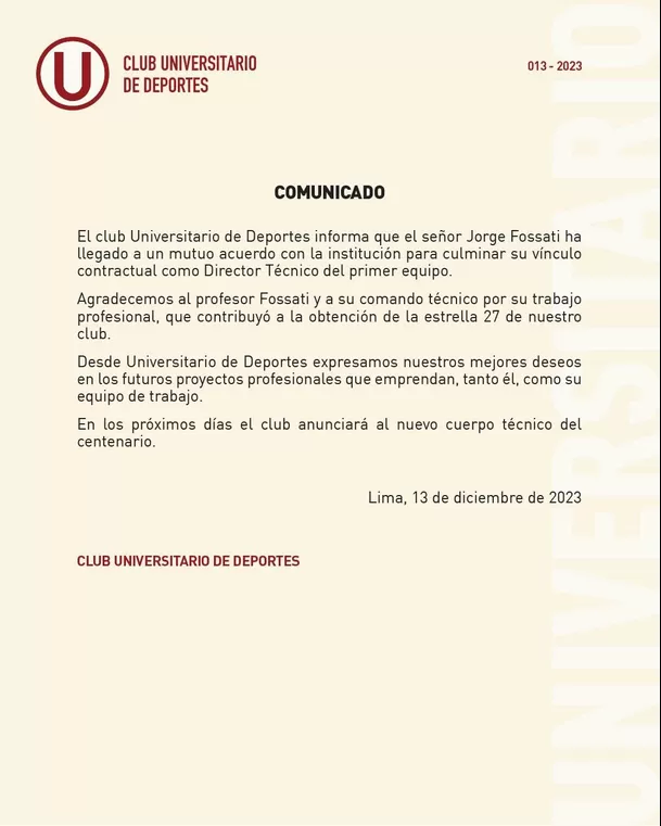 Comunicado de Universitario sobre Jorge Fossati. | Foto: Universitario.