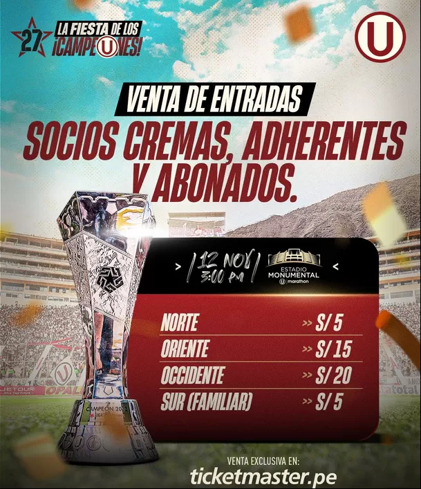 Precio de venta de entradas para la premiación de Universitario. | Fuente: @universitario