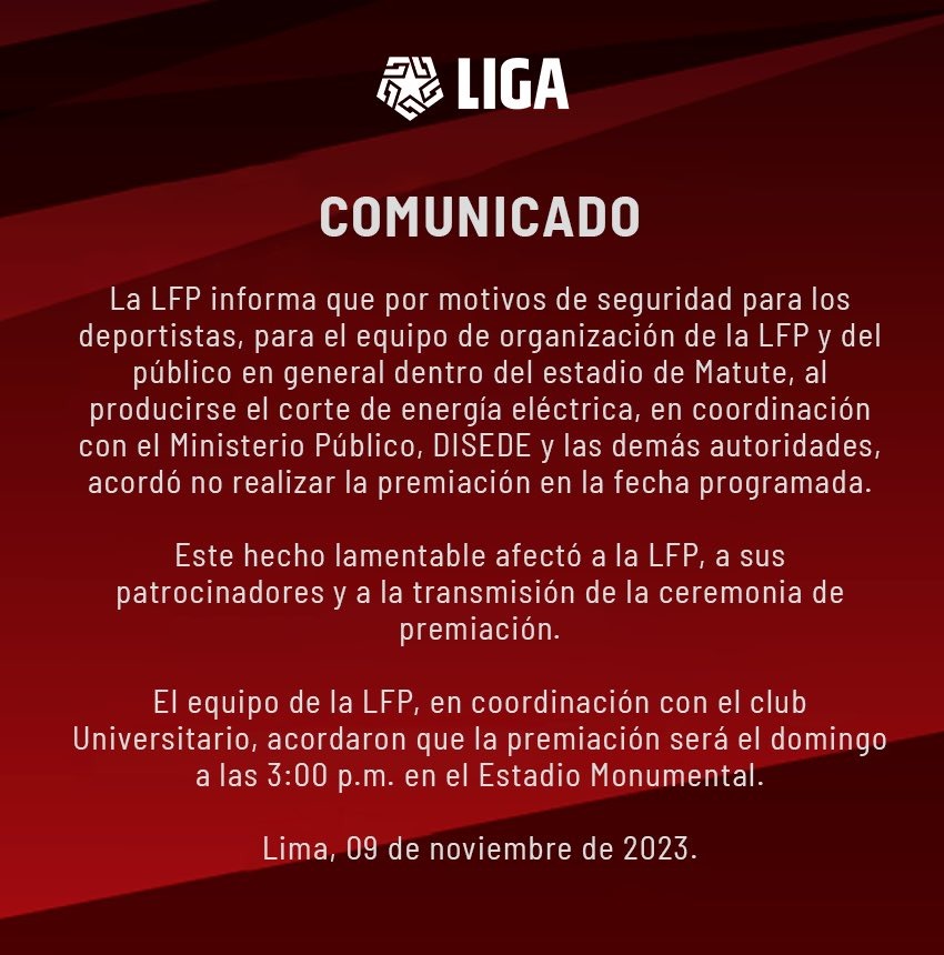 Comunicado de la Liga1 por la fallida premiación. | Foto: LFP