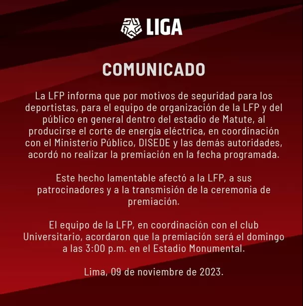 Comunicado de la Liga1 por la fallida premiación. | Foto: LFP