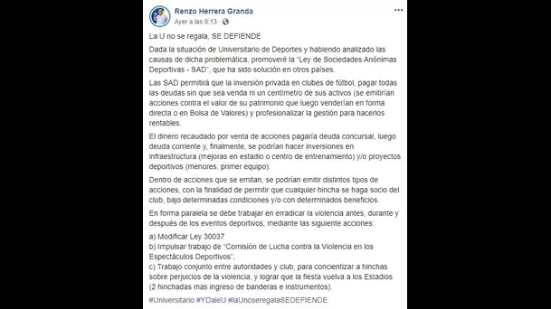 Aquí la publicación completa de Renzo Herrera Granda | Foto: Facebook Renzo Herrera Granda.