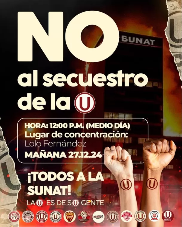 Anuncian marcha en contra de la Sunat para este viernes 27 de diciembre. | Foto: X.