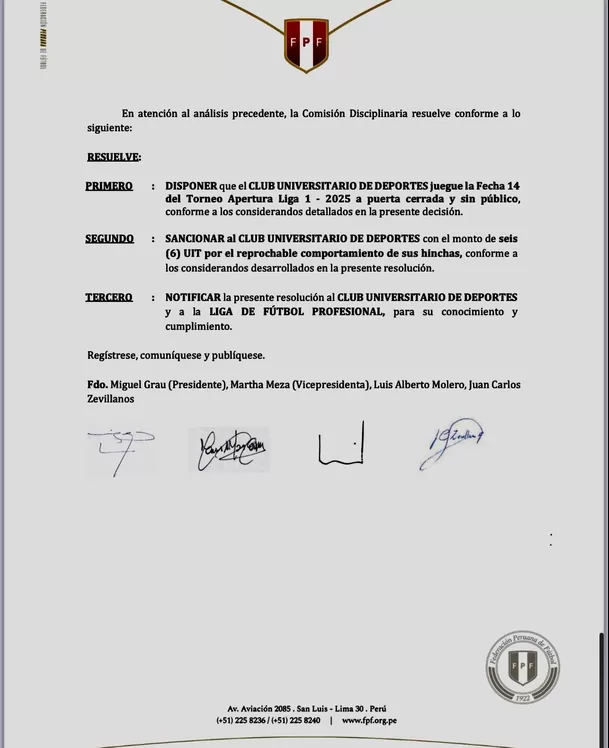 Comunicado de la Comisión Disciplinaria para Universitario / X