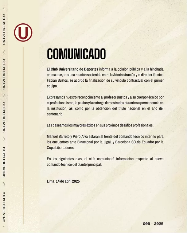 Universitario confirmó la salida de Fabián Bustos / Foto: Universitario Universitario confirmó la salida de Fabián Bustos / Foto: Universitario