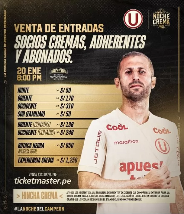 Precios entradas para la Noche Crema. | Foto: Universitario.