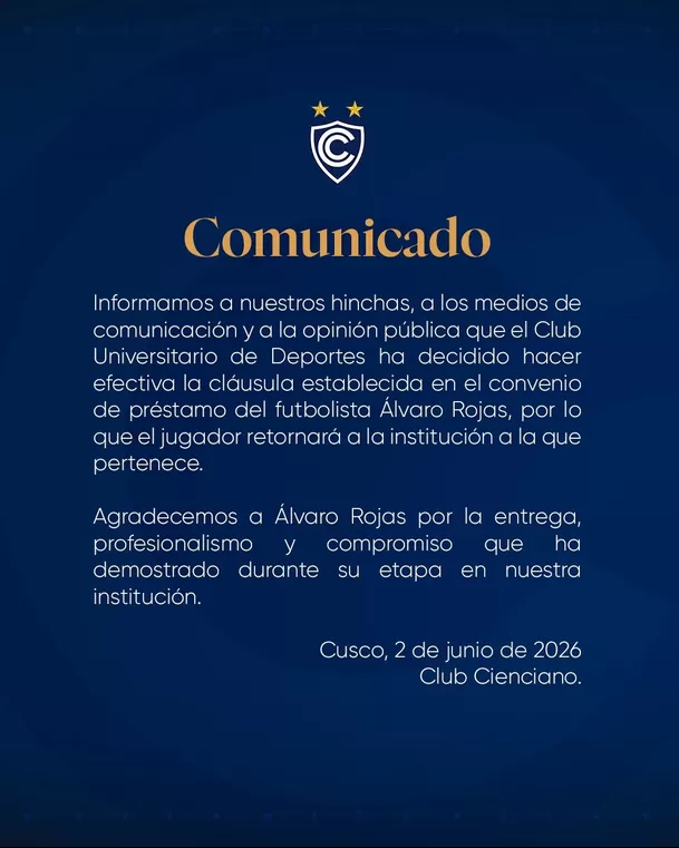 Cienciano informó que Álvaro Rojas volverá a Universitario. | Foto: Redes Sociales de Cienciano Cienciano informó que Álvaro Rojas volverá a Universitario. | Foto: Redes Sociales de Cienciano