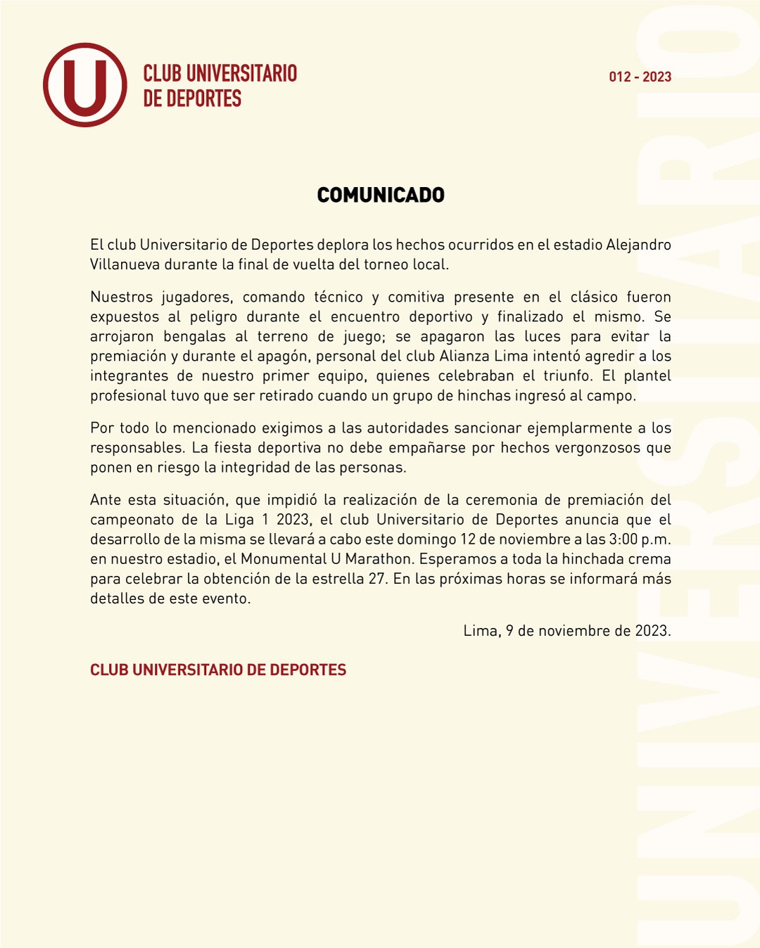 Este es el comunicado de Universitario. | Fuente: @Universitario