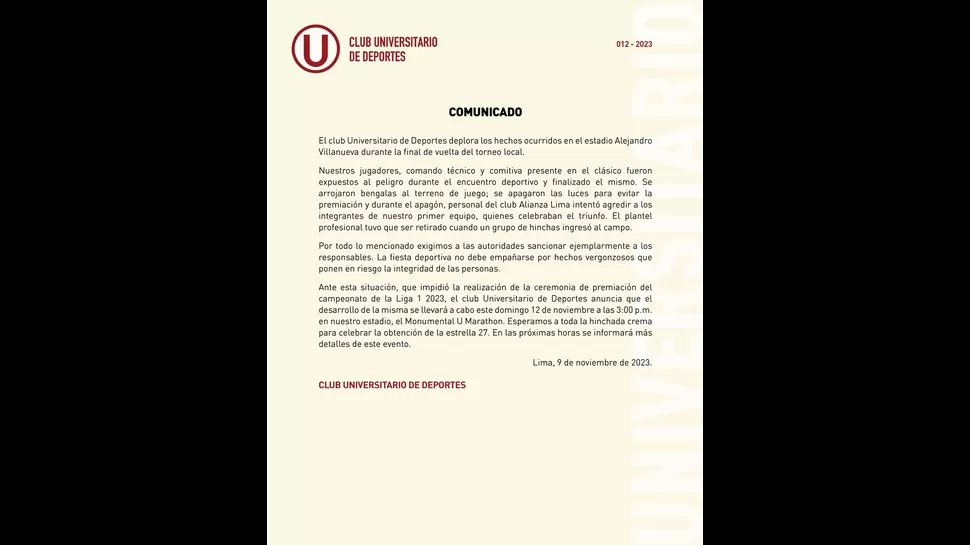 Este es el comunicado de Universitario. | Fuente: @Universitario
