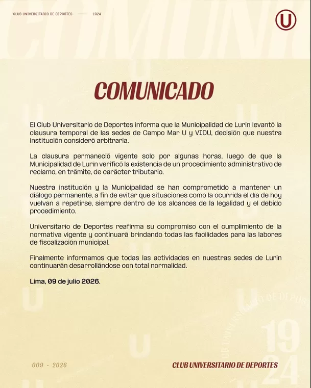 Comunicado de Universitario sobre incidente en Campo Mar / Foto: Universitario Comunicado de Universitario sobre incidente en Campo Mar / Foto: Universitario
