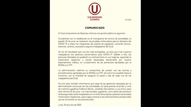 Este es el comunicado que envió Universitario.