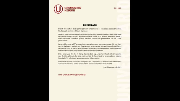 Comunicado de Universitario de Deportes