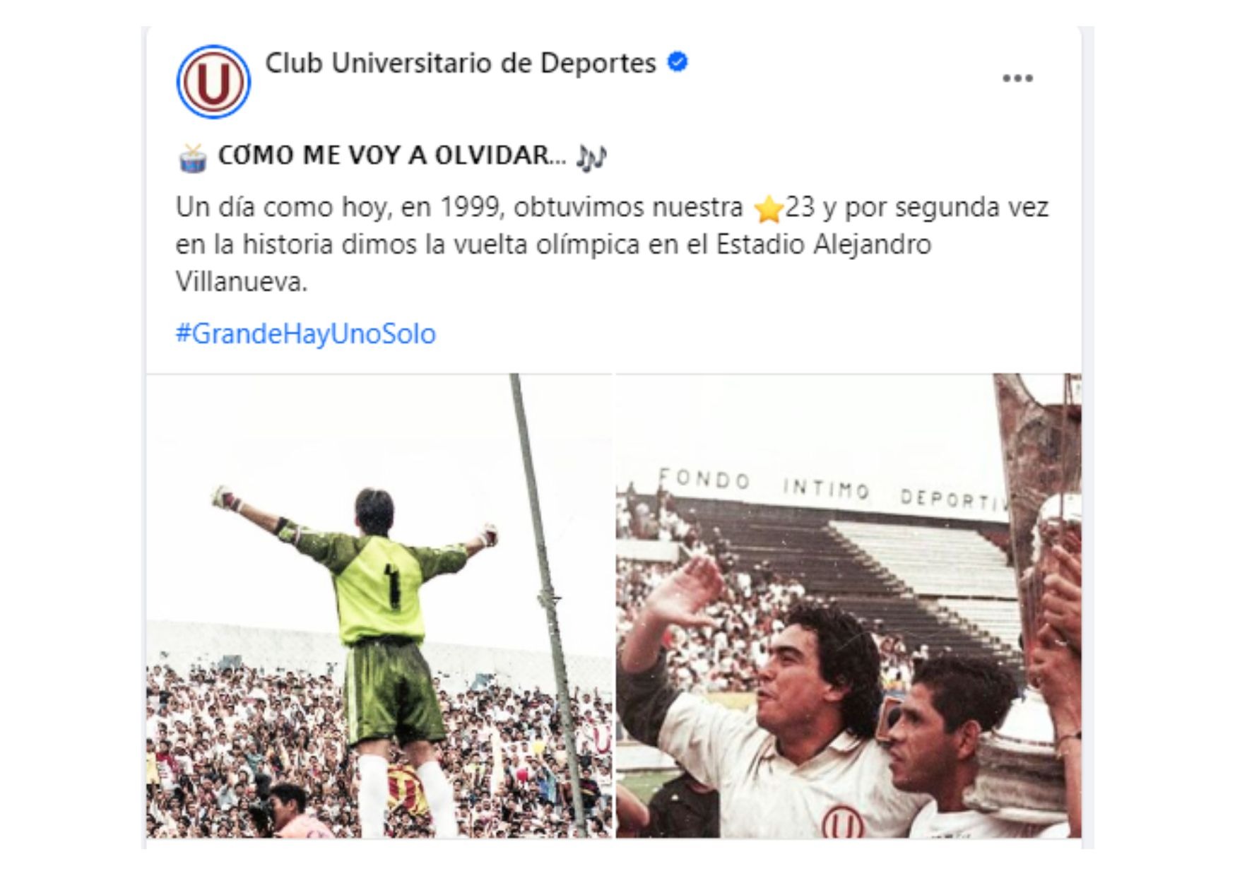 Publicación del club Universitario de Deportes recordando su segundo título en el estadio de Matute / Foto: Universitario de Deportes