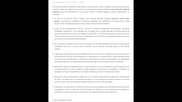 Comunicado de Universitario de Deportes.