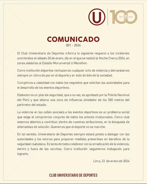 Comunicado emitido por Universitario de Deportes tras actos vandálicos / Foto: Universitario de Deportes 