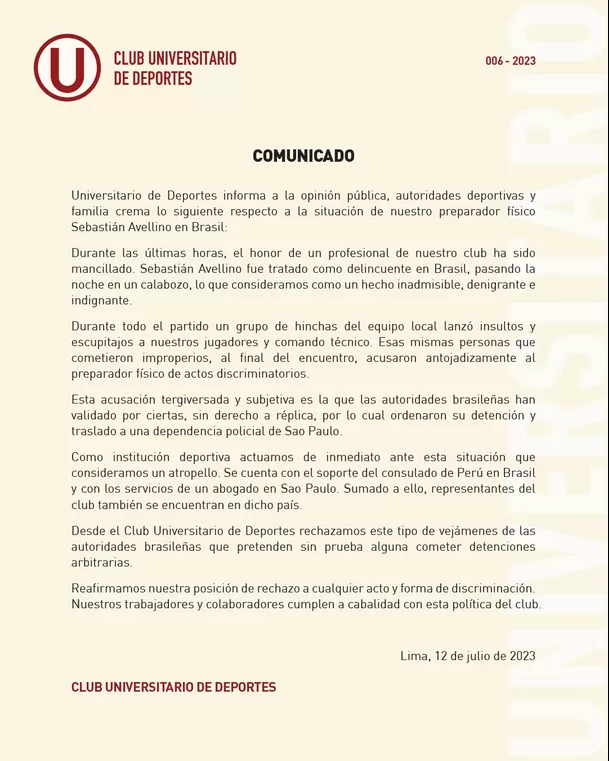 Comunicado de Universitario de Deportes