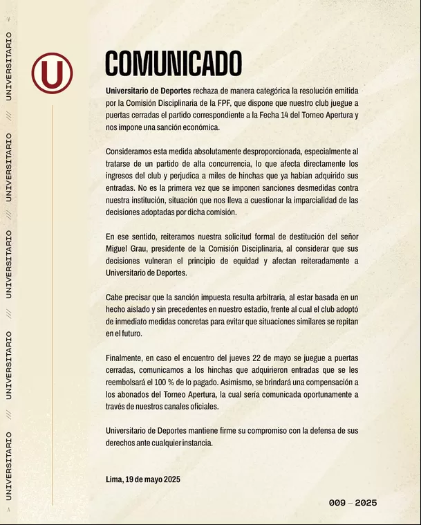Comunicado de Universitario en respuesta a la sanción / X