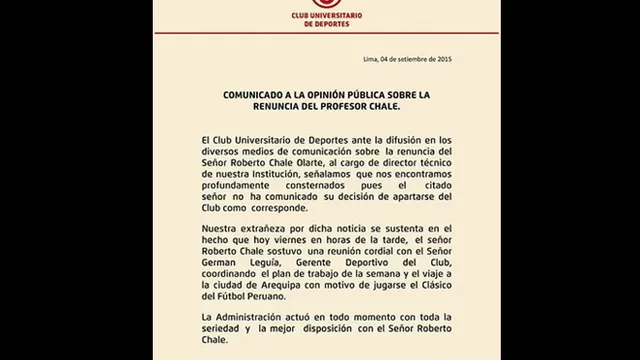 Universitario emitió un comunicado sobre la renuncia de Roberto Chale-foto-1