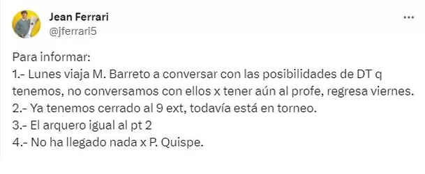 Esto informó Jean Ferrari. | Fuente: @jferrari5