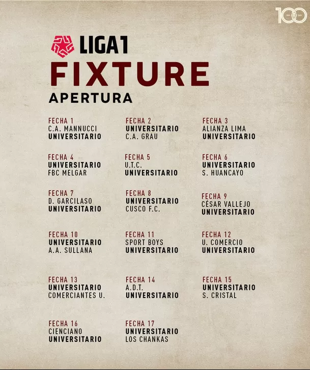 Fixture de Universitario para la Liga 1 2024. | Fuente: @universitario