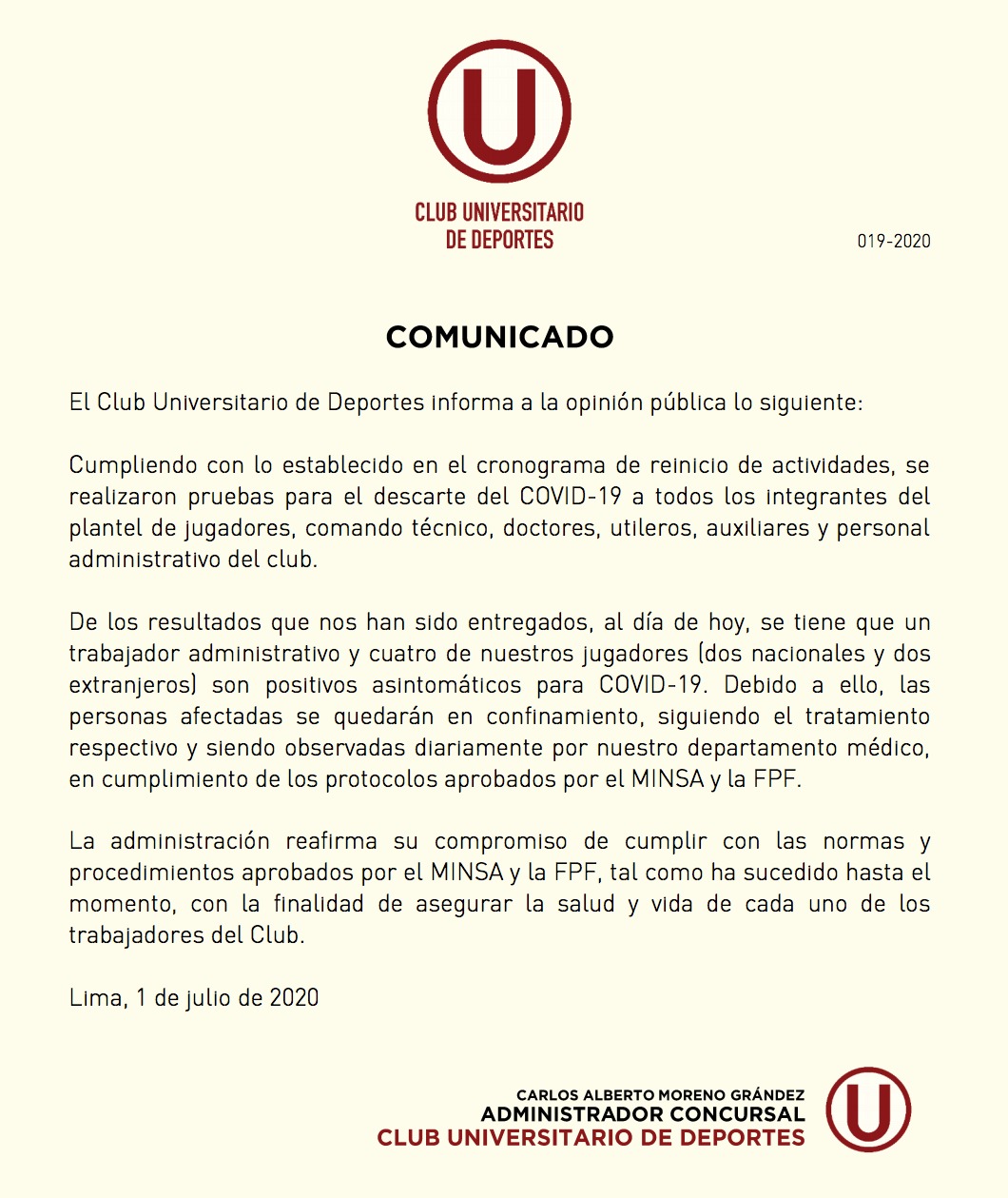 Aquí el comunicado de Universitario.