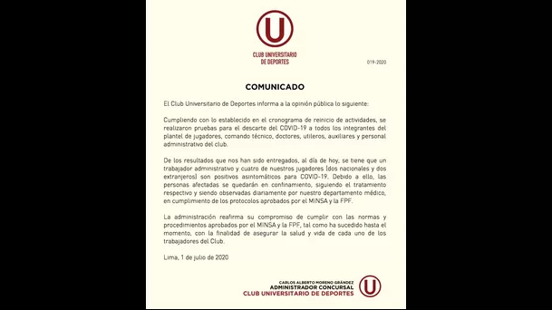 Aquí el comunicado de Universitario.