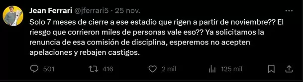 Ferrari se pronunció sobre el castigo a Alianza Lima por el apagón en la final. | Foto: Twitter.