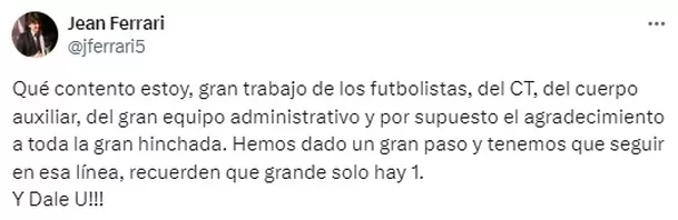 Mensaje de Jean Ferrari tras logro de Universitario en el Torneo Apertura / Foto: X