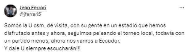 Mensaje de Jean Ferrari tras empate en el clásico / X Mensaje de Jean Ferrari tras empate en el clásico / X