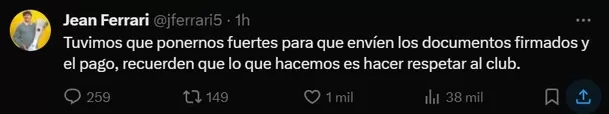 Jean Ferrari sobre pase de Piero Quispe a Pumas. | Foto: Twitter.