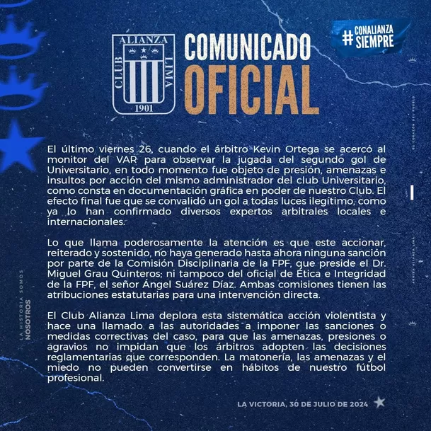 Comunicado de Alianza Lima. | Foto: Alianza Lima.