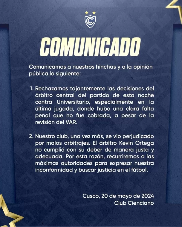 Comunicado de Cienciano sobre penal no cobrado. | Foto: Cienciano.