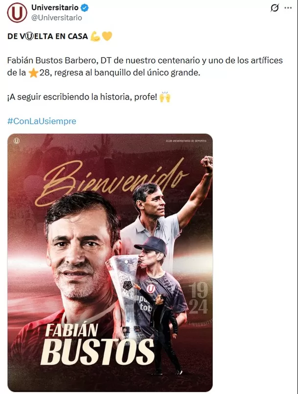 Universitario presentó a Fabián Bustos como su nuevo entrenador / Fuente: X Universitario
