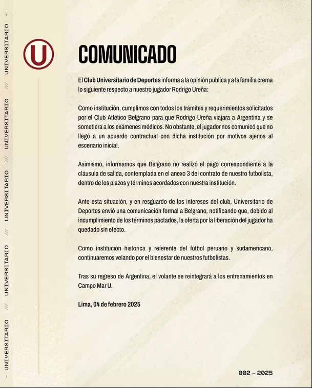 Universitario confirmó la continuidad de Rodrigo Ureña / Foto: Universitario