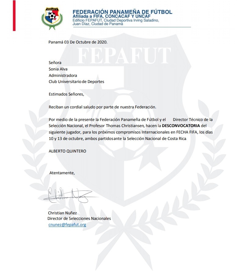 Carta de la FEPAFUT enviada a Universitario.