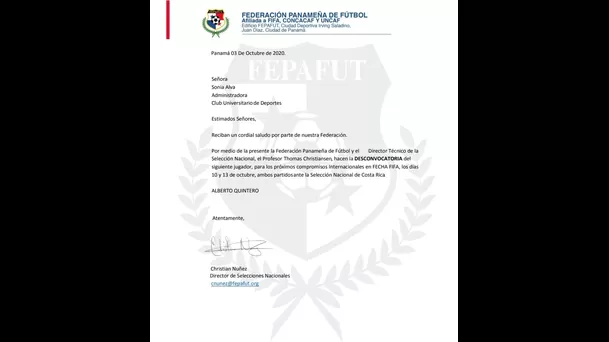 Carta de la FEPAFUT enviada a Universitario.