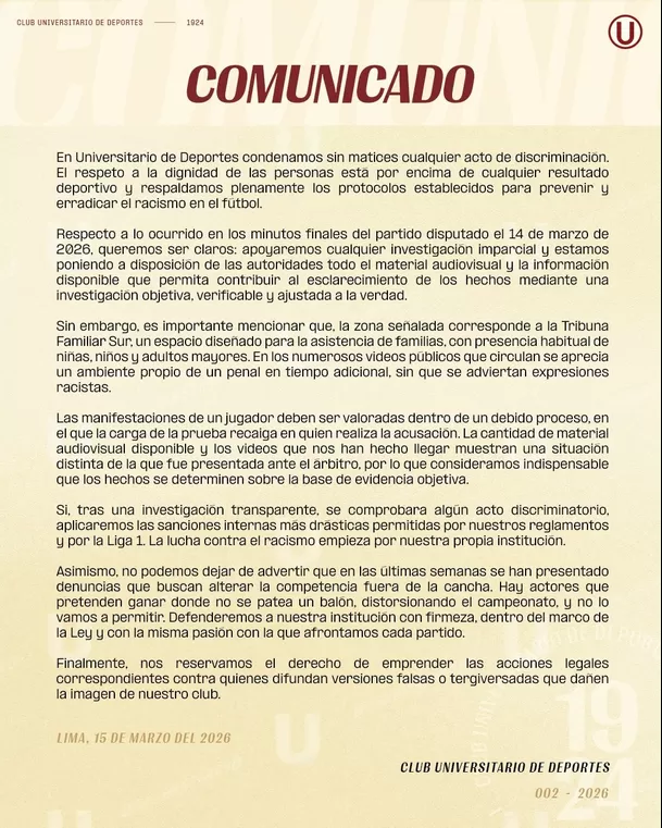 Comunicado de Universitario tras lo sucedido ante UTC / Prensa U Comunicado de Universitario tras lo sucedido ante UTC / Prensa U