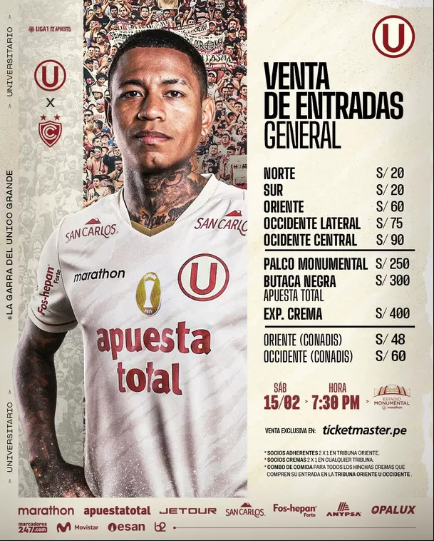 Universitario publicó el precio de las entradas para el partido contra Cienciano / Foto: Universitario