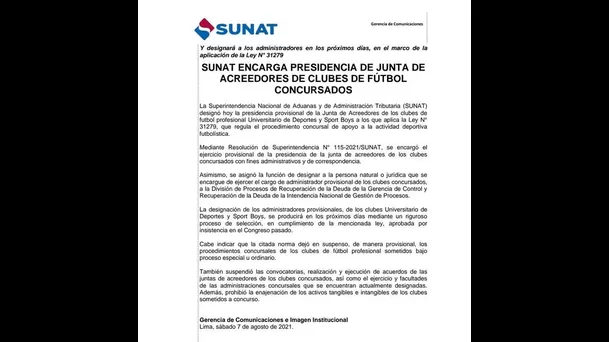 Comunicado de la Sunat.