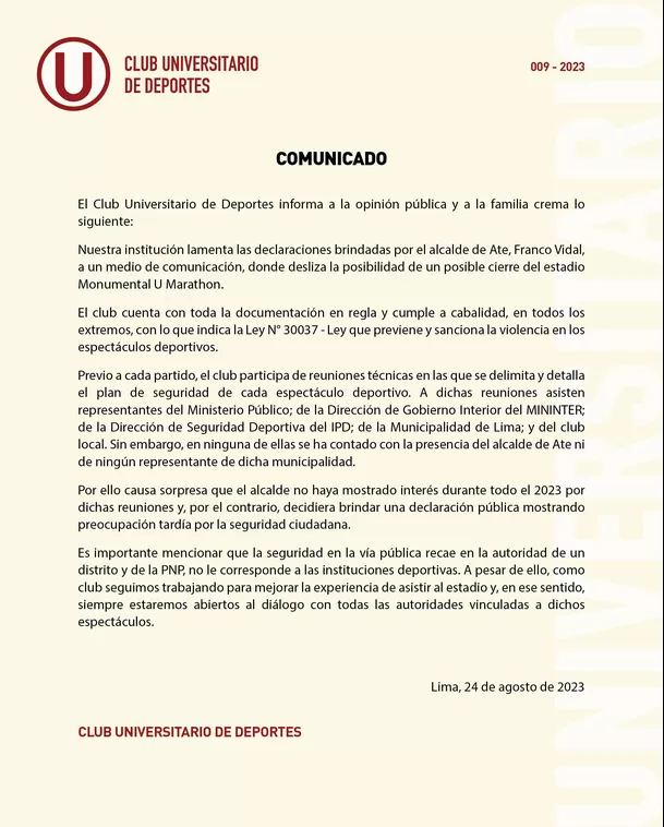 Comunicado de Universitario. | Fuente: @Universitario