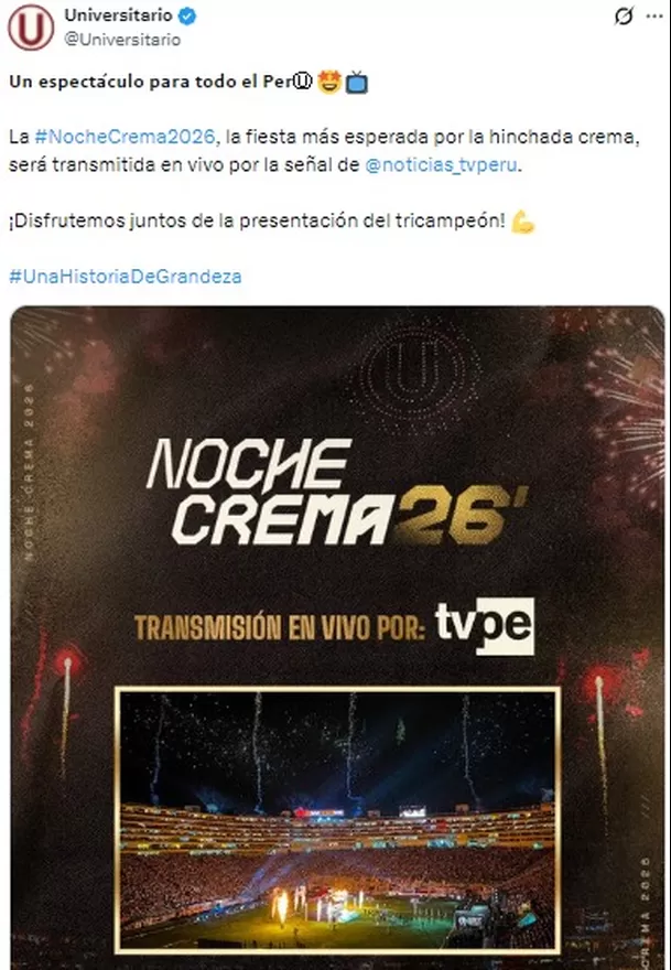 Universitario oficializó a TV Perú como canal de la Noche Crema para el 2026 / AD Universitario oficializó a TV Perú como canal de la Noche Crema para el 2026 / AD