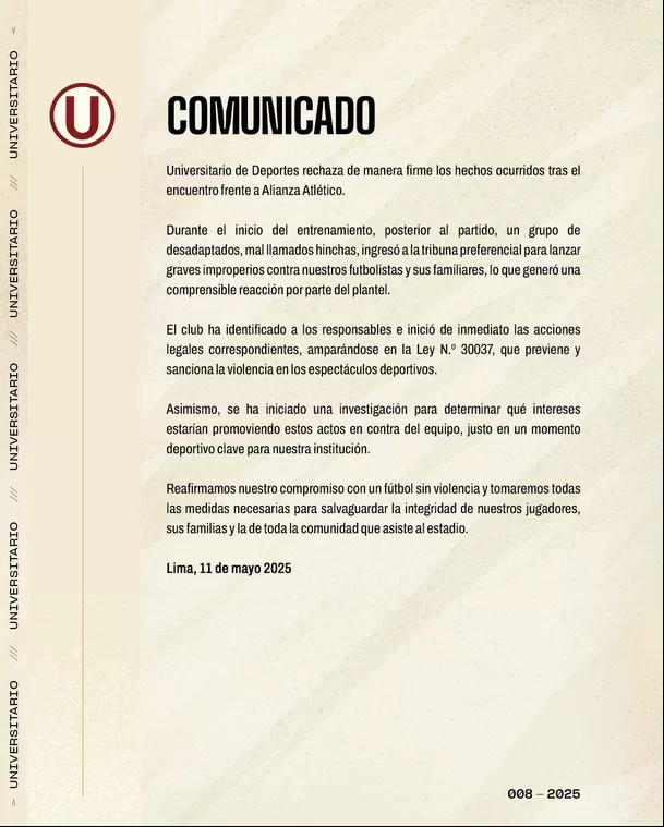 Comunicado de Universitario tras pelea entre hinchas y futbolistas / X