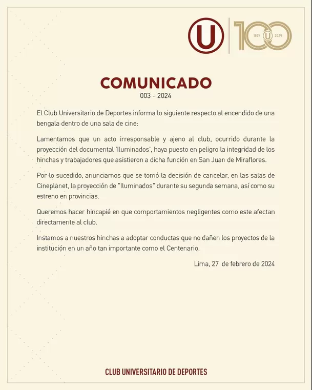 Comunicado de Universitario. | Foto: Universitario.