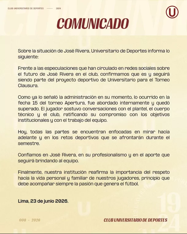 Comunicado de Universitario sobre el Tunche Comunicado de Universitario sobre el Tunche