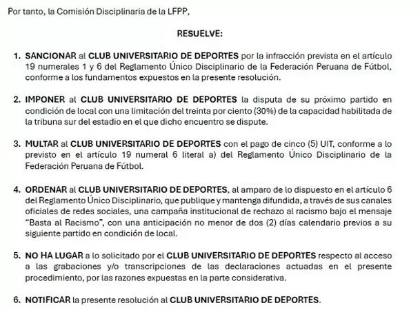 Universitario recibió dos sanciones por la Comisión Disciplinaria / X Universitario recibió dos sanciones por la Comisión Disciplinaria / X