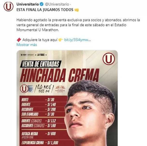 Universitario inició venta general de entradas. | Imagen: @Universitario