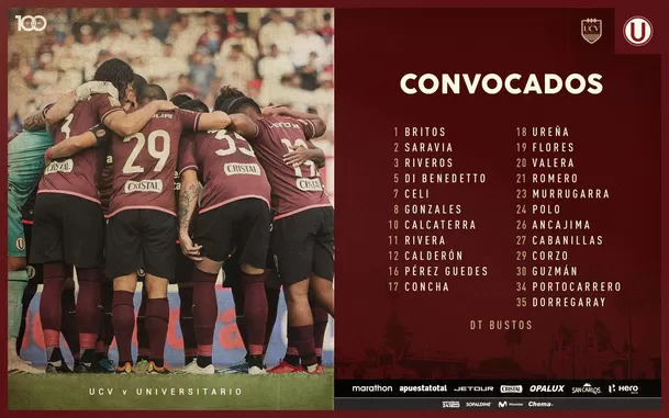 Los convocados del Universitario vs. César Vallejo. | Foto: @Universitario